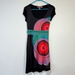 Desigual Multicolor Circle Print Fit & Flare Dress Small Boho Modern Y2K Artcore